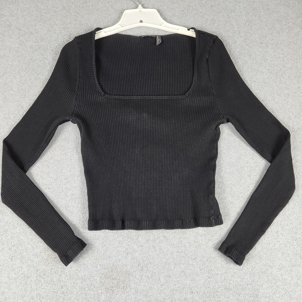 ASOS DESIGN Top Women 12 Tall Black Ribbed Knit Long Sleeve Slim Fit Square Neck